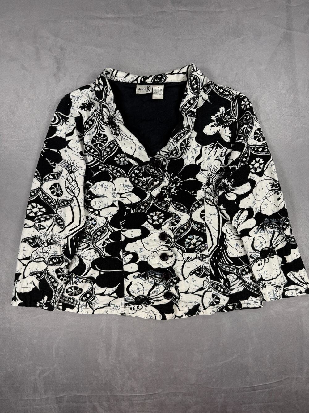 Shana K Jacket Womens Medium Black & White Print Button Front Sequin Cotton